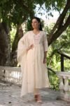 Cream Pleated Suit with Floral Embroidery