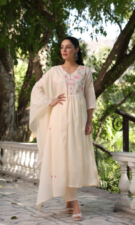 Cream Pleated Suit with Floral Embroidery