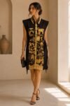 Premium Art-Deco Marine Collar Shirt Dress (Midnight Onyx & Liquid Gold)