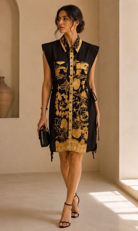 Premium Art-Deco Marine Collar Shirt Dress (Midnight Onyx & Liquid Gold)