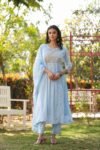 sky blue three-piece pleated suit
