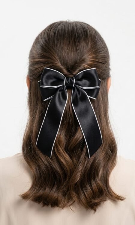 Premium Coquette Satin Ribbon Bow Hair Clip (Jet Black & White)
