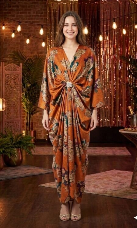 Rust-Orange Vintage Floral Ruched Kaftan Maxi Dress