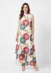 Off-White Mod-Floral Sleeveless Kurti & Wide-Leg Sharara-Plazzo Co-Ord Set