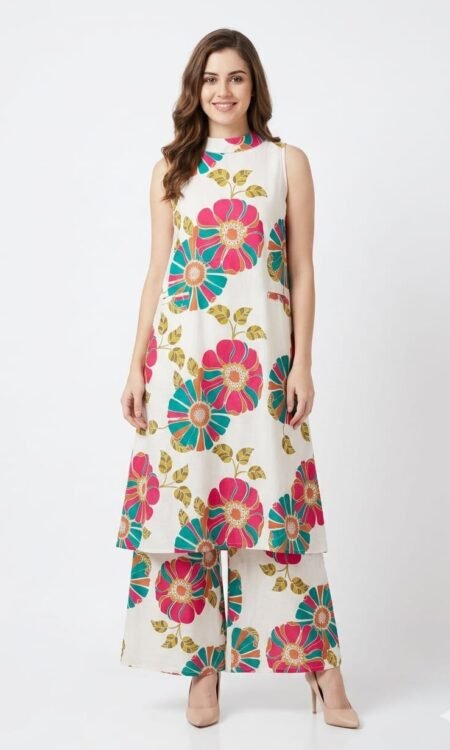 Off-White Mod-Floral Sleeveless Kurti & Wide-Leg Sharara-Plazzo Co-Ord Set