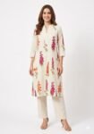 Off-White Linen-Blend Floral Embroidered Kurta & Straight Pants Suit Set