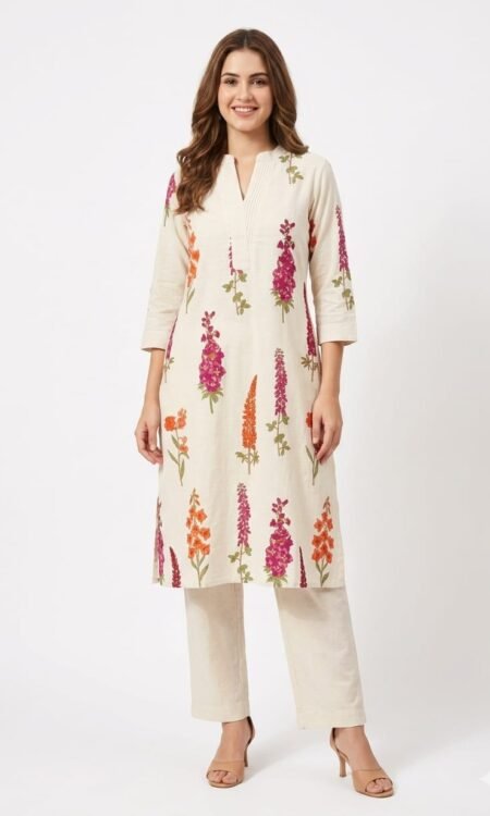 Off-White Linen-Blend Floral Embroidered Kurta & Straight Pants Suit Set