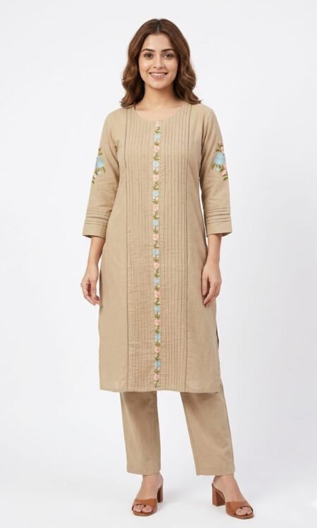Beige Linen Blend Straight Kurta Suit Set