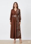 Premium Chocolate-Brown Crystal Embellished Maxi Gown with Statement Belt