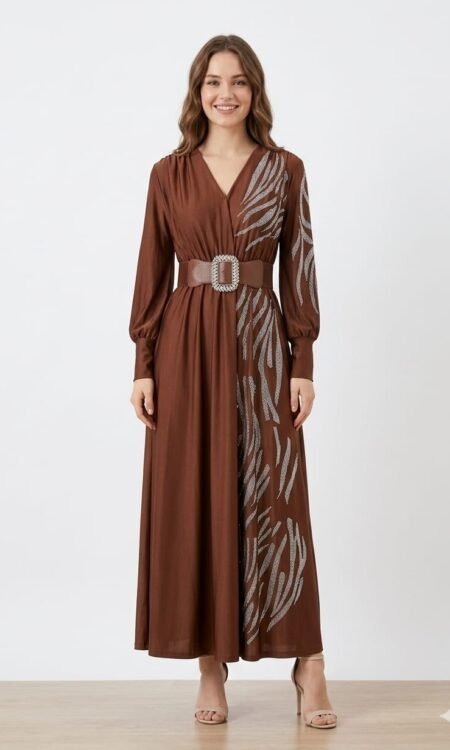 Premium Chocolate-Brown Crystal Embellished Maxi Gown with Statement Belt