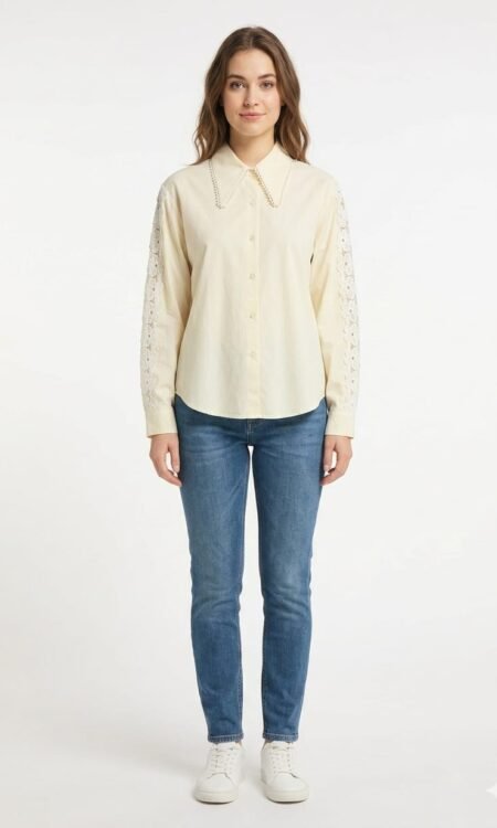 Cream-Ivory Cotton Tailored Shirt with Over-Sized & Eyelet Sleeves