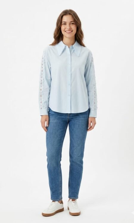 Sky-Blue Cotton Tailored Shirt with Over-Sized Lace Collar & Eyelet Sleeves