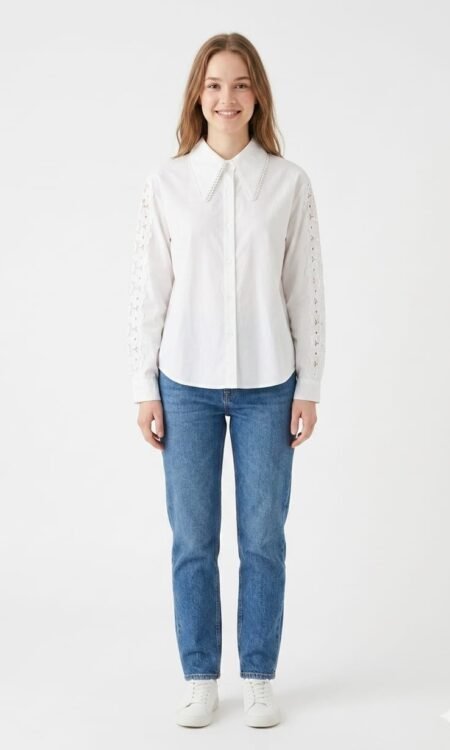 Premium Crisp White Cotton Tailored Shirt with Over-Sized Lace Collar & Eyelet