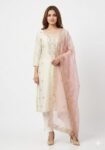 Premium Off-White Chanderi-Silk Festive Kurta, Pants & Organza Dupatta Set