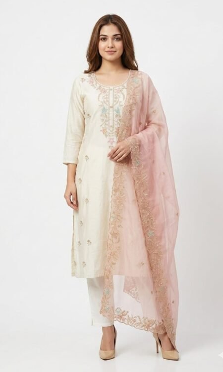 Premium Off-White Chanderi-Silk Festive Kurta, Pants & Organza Dupatta Set