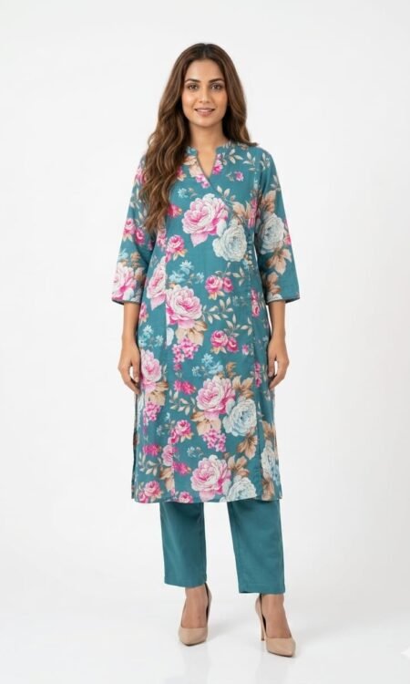 Premium Deep Teal Botanical Print Two-Piece Kurta set