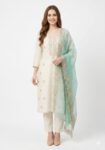 Premium Off-White Chanderi-Silk Festive Kurta, Pants & Sea-Green Organza Set