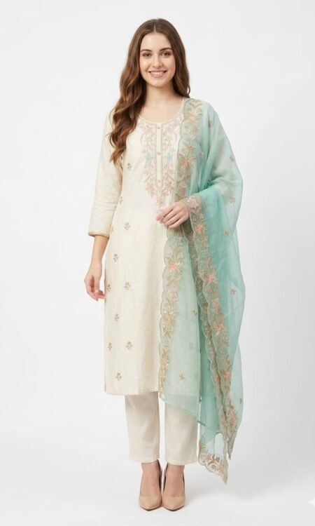 Premium Off-White Chanderi-Silk Festive Kurta, Pants & Sea-Green Organza Set