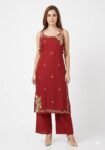 Premium Maroon Cotton-Linen Strappy Kurta & Wide-Leg Pants Suit Set