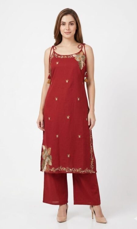 Premium Maroon Cotton-Linen Strappy Kurta & Wide-Leg Pants Suit Set