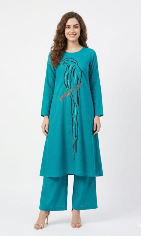 Turkish-Blue Cotton-Linen A-Line Co-Ord Set