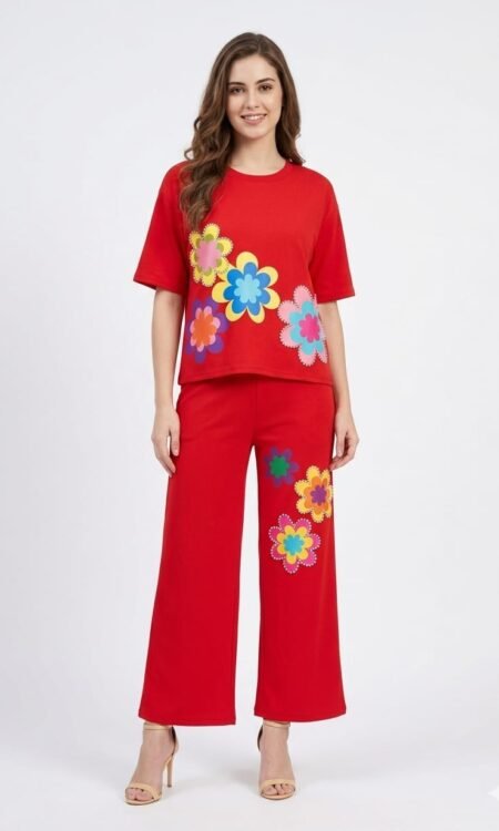 Orange Retro Floral Print Loungewear Co-Ord Set