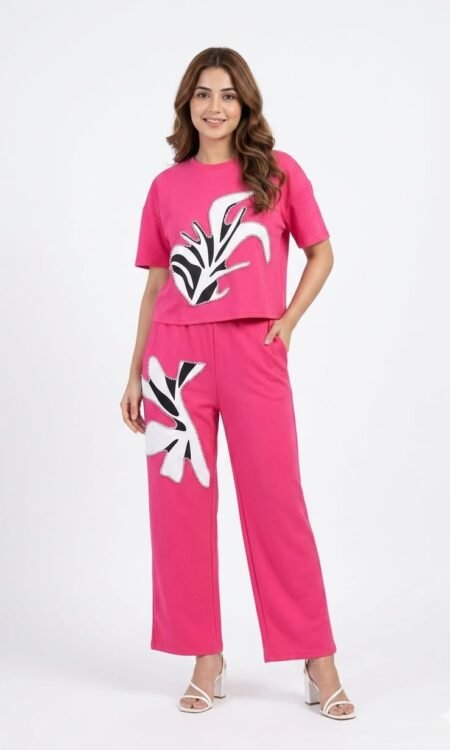 Pink Modernist Zebra-Leaf Loungewear Co-Ord Set