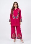 Deep Fuchsia-Pink Embroidered Shirt-Style Co-Ord Set