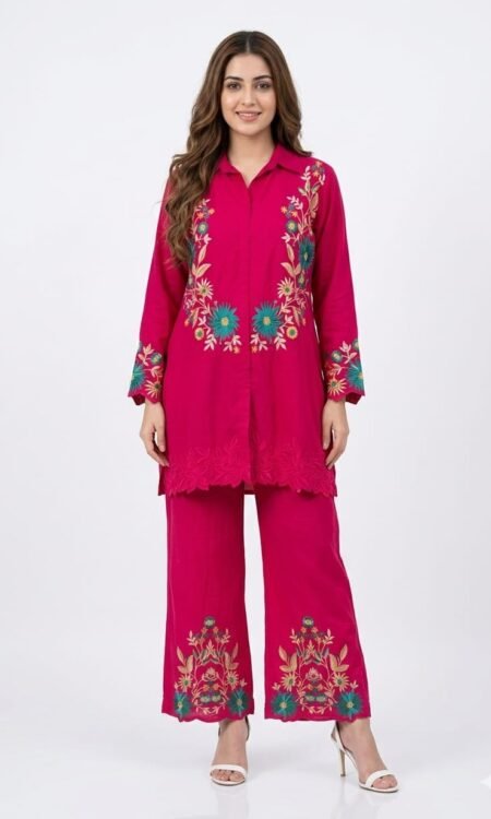 Deep Fuchsia-Pink Embroidered Shirt-Style Co-Ord Set