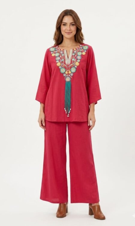 Premium Magenta-Pink Embroidered Boho-Chic Co-Ord Set