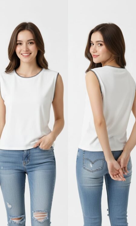 Sleeveless White Top with Contrast Blanket-Stitch