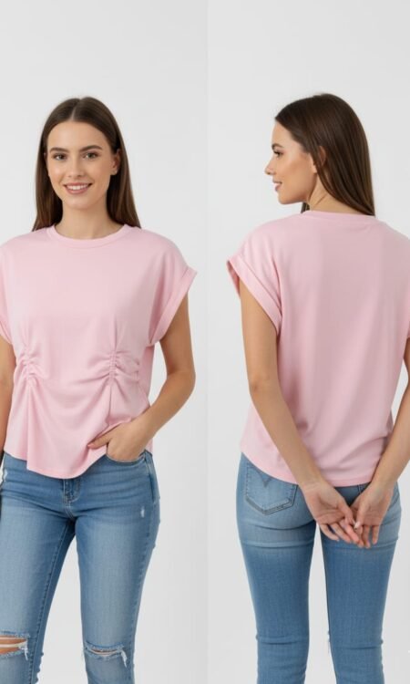 Premium Pastel Pink Hosiery Tee with Cuffed Sleeves and Waist Cinching