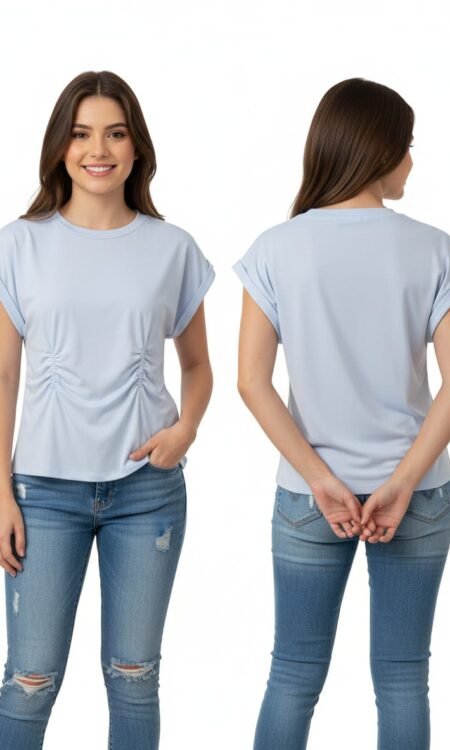 Premium Powder-Blue Hosiery Tee with Cuffed Sleeves and Waist Cinching