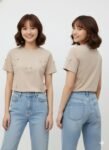 Premium Taupe-Beige Knit Tee with 3D Textured Ribbon Bow Appliques
