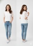 Premium Off-White Fine Knit Tee with Cut-Out Eyelet Lace Sleeves