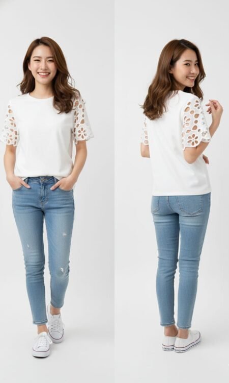 Premium Off-White Fine Knit Tee with Cut-Out Eyelet Lace Sleeves