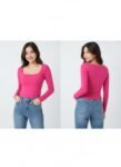Hot-Pink Fitted Long-Sleeve Square-Neck Top