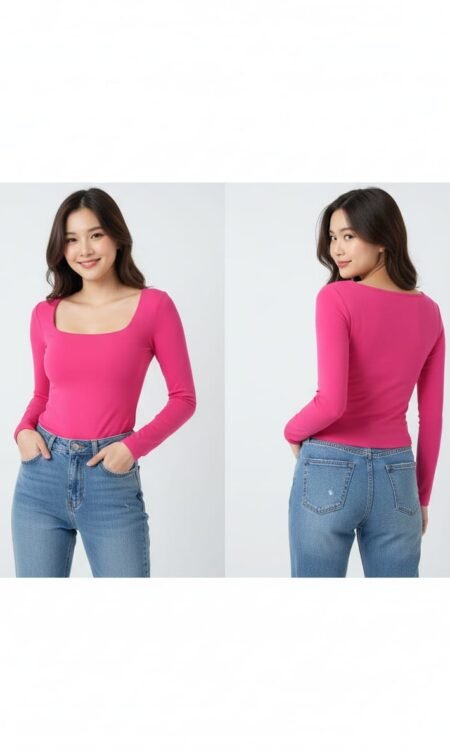Hot-Pink Fitted Long-Sleeve Square-Neck Top