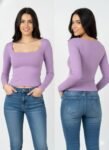 Lavender Fitted Long-Sleeve Square-Neck Top