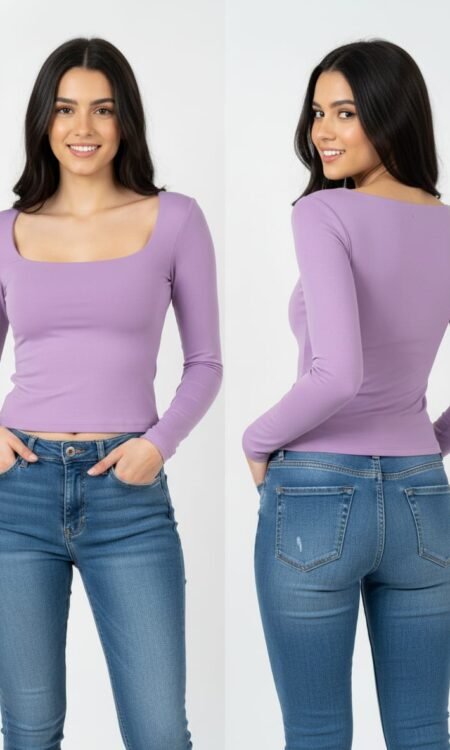 Lavender Fitted Long-Sleeve Square-Neck Top