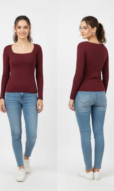 Wine-Burgundy Fitted Long-Sleeve Square-Neck Top