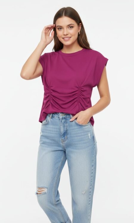 Magenta-Berry Ruched Muscle-Tee Top