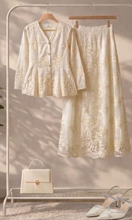Ivory-White Embroidered Organza Two-Piece Skirt Set