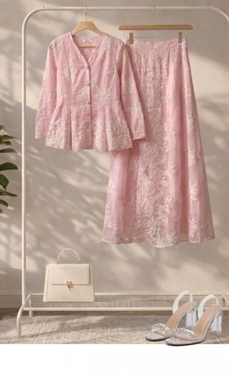 Pastel Pink Embroidered Organza Two-Piece Skirt Set