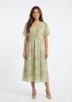 Pista Green Printed Chiffon Midi Dress with Ruched Empire Waist