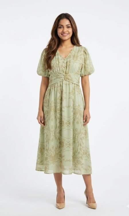 Pista Green Printed Chiffon Midi Dress with Ruched Empire Waist