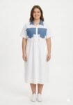 Crisp White Cotton Utility Midi Dress with Denim Panel