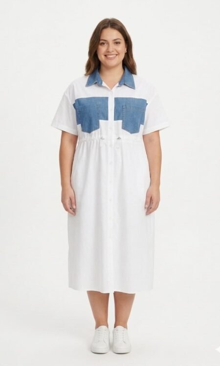 Crisp White Cotton Utility Midi Dress with Denim Panel
