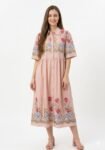 Pastel Rose-Pink Embroidered Cotton Midi Shirt Dress