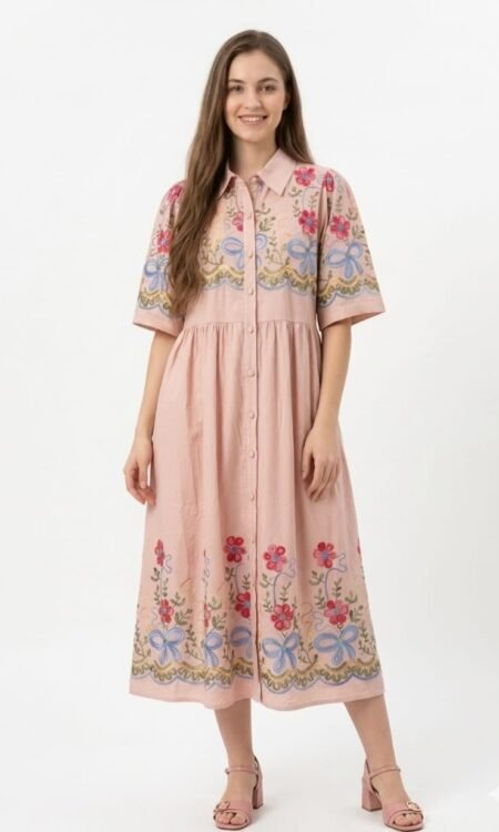 Pastel Rose-Pink Embroidered Cotton Midi Shirt Dress